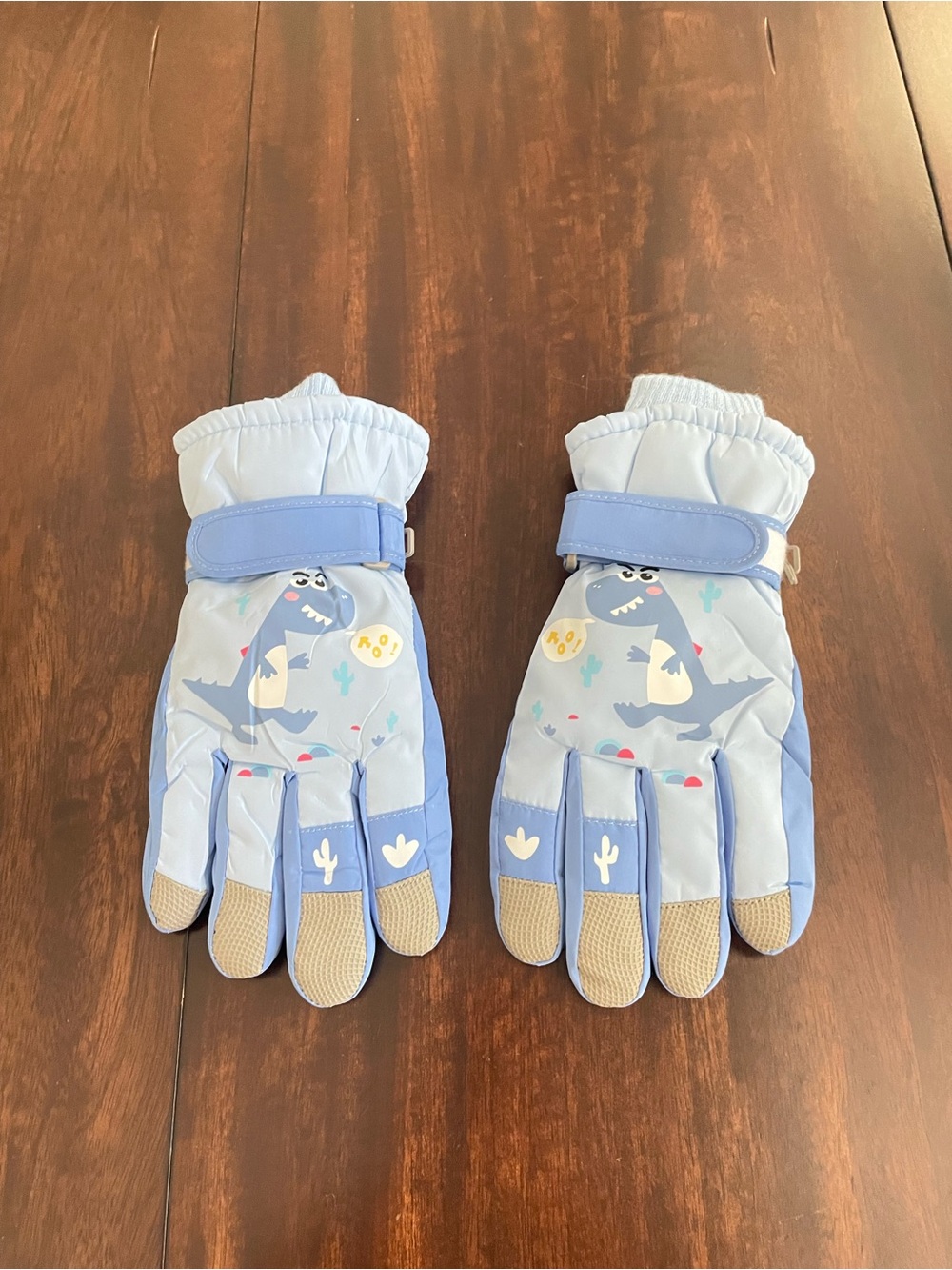 Kids Light Blue Dinosaur Winter Mittens with Adjustable Strap